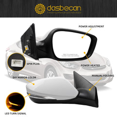 Right Side Mirror Compatible With 2011-2013 Hyundai Elantra DIY Paintable Door Mirror With Manual Folding/Heated/Power Adjustment/Turn Signal Replace# HY1321178, 87620-3Y000 (6Pin)