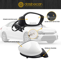 7pins Passenger Right Side Mirror Assembly Compatible with 2022-2024 Honda Civic Sedan/Hatchback With Blind Spot Detection, Power Glass, Manual Folding And Heated Platinum White Pearl