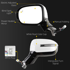 Driver Side Mirror Compatible With 2020-2026 Kia Telluride Power Heated Glass Blind Spot Turn Signal Manual Folding Left Door Mirror Replace# 87610-S9220 KI1320240 White Pearl(8Pins)