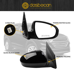 Right Passenger Side Mirror Compatible with 2016-2018 Hyundai Tucson Gloss Black Door Mirror with Power Heated Glass, Manual Folding Replace# 87620D3410 HY1321246(5 pins)