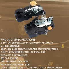 1 Pair Door Lock Actuator Motor Compatible with Chevy Silverado Tahoe Suburban 1500 GMC Sierra Yukon XL Cadillac Escalade 2007-2009 931-108 931-109 Rear Left & Right Side 2 Doors Latch Kit