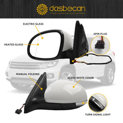 Left Driver Side Mirror Compatible with 2009-2017 Volkswagen Tiguan Side View Mirror with Electric Heated Glass Turn Signal Manual Folding VW1320131 5N1857507P9B9 Gloss White Cover (6 Pins)