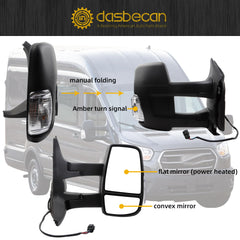 Right Side Mirror Compatible with 15-26 Ford Transit Long Arm 6pin Power Heated Mirror/Amber Turn Light/Manual Folding/Convex