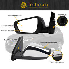 Driver Side Mirror Compatible With 2018-2023 Chevy Equinox GMC Terrain with Power Heated Glass/Manual Folding/Memory/Blind Spot Light/Turn Signal Replace# GM1320618 Chrome Paint Cover (12pin)