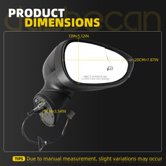 Right Passenger Side Mirror Compatible with 2009-2017 Ford Fiesta with Power Heated Glass, Turn Signal, Manual Folding, Black Texture Cap Replace#FO1321458 FO1321459 (6Pins)