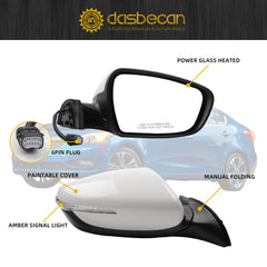 Right Passenger Side Mirror Compatible With 2014 2015 2016 Kia Forte Rear view Mirror DIY Paintable With Signal Light Heated,Power Glass Replace#KI1321182(6 Pins)