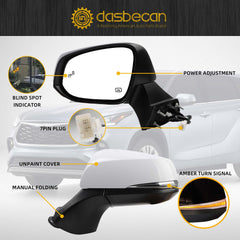 Left Driver Side Mirror DIY Paintable Compatible with 2020-2024 Toyota Highlander With Power Heated Glass/Turn Signal/Manual Folding/Blind Spot Detection Replace# 87940-0E350 (7Pins)