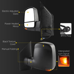 Dasbecan Side Mirror Compatible with 2008-2017 GMC Savana Chevy Express Power Heated/Electric Adjusted Glass/Intergrated Turn Light/Manual Folding, Black Texture (8pins)