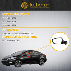 Left Driver Side Mirror Compatible With 2014 2015 2016 Kia Forte Rear view Mirror Black With Manual Folding,Heated,Power Glass,Signal Light Replace# KI1320182 87610-A7210 87610A7210(6 Pins)