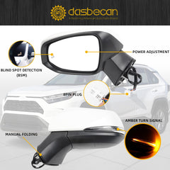 8Pins Left Side Mirror Compatible with 2019-2024 Toyota Rav4 Driver Side View With Power Heated Turn Signal Blind Spot Indicator Super White Replaces# 879400R271 TO1320384