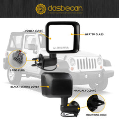 Right Passenger Side Mirror Compatible with 2011 2012 2013 Jeep Wrangler JK Power Heated Manual Folding Door Mirror Replaces#CH1321319 5182174AB Black Textured (5 Pins)