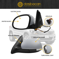 Left Side Door Mirror Compatible with 2009-2017 Volkswagen Tiguan Driver Side Mirror with Electric Heated Glass Turn Signal Manual Folding VW1320131 5N1857507P9B9 Unpainted Cover (6 Pins)