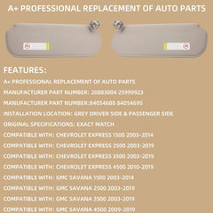 Gray Pair Driver and Passenger Side Sun Visor Compatible with Chevrolet Express GMC Savana 1500 2500 3500 4500 1999-2019 Replaces# 84054688 84054695 20883004 25999923