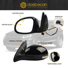 Left Driver Side Mirror Compatible with 2009-2017 Volkswagen Tiguan Side View Mirror with Electric Heated Glass Turn Signal Manual Folding VW1320131 5N1857507P9B9 Gloss Black Cover (6 Pins)