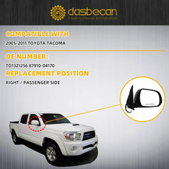 Passenger Side Mirror Compatible With 2005-2011 Toyota Tacoma Right Mirror with Manual Folding/Power Glass Replaces# TO1321256 White Paint (3pins)