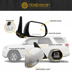 Right Passenger Side Mirror Compatible with 2010-2013 Toyota 4runner with Power Heated Glass, Manual Folding, Turn Signal, Puddle Light, Gloss White Cover Replace# TO1321263(9 Pins)