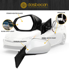 Left Driver Side Mirror Compatible with 2016-2022 Toyota Prius with Power Heated Glass, Manual Folding, Blind Spot Light, White Paint Replace# TO1320357 (6Pins)