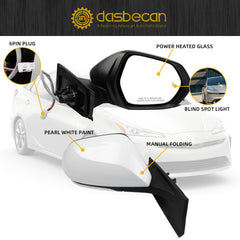 Right Passenger Side Mirror Compatible with 2016-2022 Toyota Prius with Power Heated Glass, Manual Folding, Blind Spot Light, White Paint Replace# TO1321357 (6Pins)