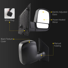 Right Side Mirror Compatible with 08-17 Chevy Express Black 6pins | GMC Savana W/Power Heated | Electric Adjusted Glass | Manual Folding GM1321396 15227437 9551852