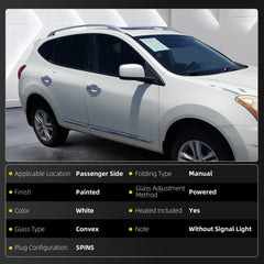 Passenger Side Mirror White Compatible with Nissan Rogue 2008-2015 | Heated Manual Fold Power Glass, 5Pins Connector, OE#96301JM200, NI1321236, NI1321199