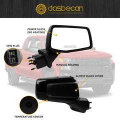 Right Passenger Side Mirror Compatible with 2019-2024 Chevy Silverado 1500 Temperature Sensor/Power Glass/Manual Folding Glossy Black Rear View Mirror Replace#GM1321582 84823216