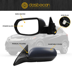 Left Driver Side Mirror Compatible with 2017-2022 Honda HRV LX with Power Glass, Manual Folding, Paintable Cover, Non-Heated Replace# HO1320308 76258-T7W-A02PFM(3Pins)
