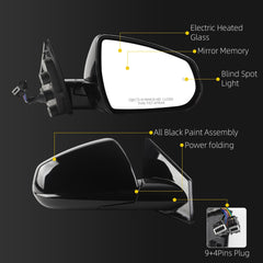 Right Passenger Side Mirror Compatible with 2010-2016 Cadillac SRX with Power Heated Glass, Power Folding, Blind Spot Light, Memory Replace# GM1321528 22847419 (9+4Pins)