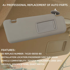 Front Right passenager Side Sun Visor with Light Compatible with Toyota Highlander 2008-2013 74320-0E050-B0 (Gray)