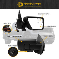 Right Passenger Side Mirror Compatible with 2021-2024 Ford F150 XL/XLT/STX with Temp Sensor, Power Heated Glass, Manual Folding, Black texture Mirror Cover (7pins)