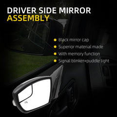 Left Driver Side Mirror Assembly Compatible with 2013-2016 Ford Escape with Memory Power Heated Blindspot Glass Manual Folding Puddle Light and Signal Blinker Replace# FO1320437 Black(12pins)