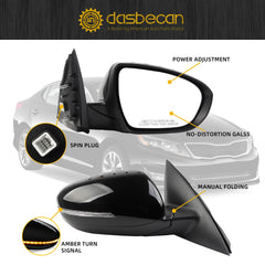 Passenger Side Mirror Compatible with 2011 2012 2013 Kia Optima Right Mirror Black with Signal Light, Manual Folding, Power Glass Replace# KI1321152 87620-2T110 (5 PINS)