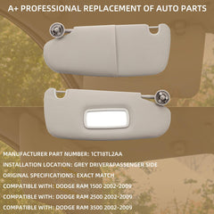 Gray Pair Car Sun Visor Compatible with Dodge Ram 1500 2500 3500 2002 2003 2004 2005 2006 2007 2008 2009 Replaces# 1CT18TL2AA 1CT11TL2AA