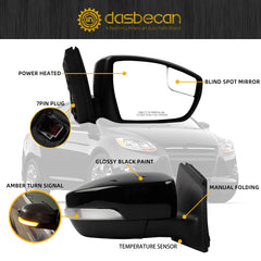 7Pins Passenger Side Mirror Compatible with 2012-2014 Ford Focus Right Rearview Mirror w/BSM, Turn Signal, Manual Folding, Power Glass and Temperature Sensor Glossy Black Paint