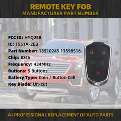 Smart Key Fob Replacement Compatible with 2017 2018 2019 Cadillac XT5 XT4 Car Remote Control Keyless Entry 433MHZ FCC ID# HYQ2EB PN:13598516 13510245 5 Buttons with Coin Battery