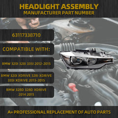 Halogen Headlight Compatible With BMW 320i 328i 335i 328i xDrive & 328d 328d xDrive 2012-2015 Right Passenger Side Trim Headlamp Assembly Replaces# 63117338710 BM2503169