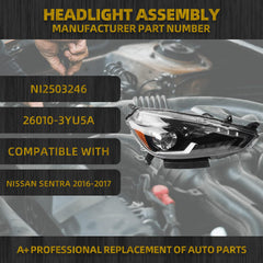 LED Headlight with day light and lens Compatible With Nissan Sentra 2016-2019 Right Passenger Side Headlights Black Housing Replaces# NI2503246 26010-3YU5A