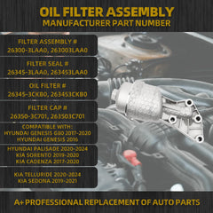Upgrade Aluminum Oil Filter Housing Kit 26300-3LAA0 Compatible with Hyundai 2016 Genesis 17-20 Genesis G80 20-24 Palisade Kia 17-20 Cadenza 19-20 Sorento 19-21 Sedona 19-24 Telluride