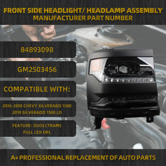 FULL LED Projector Headlight Assembly Compatible with 2016-2018 Chevy Silverado 1500 2019 Silverado 1500 LD Right Passenger Side Black Replace 84893098 GM2503456 Bumper Head Lamp