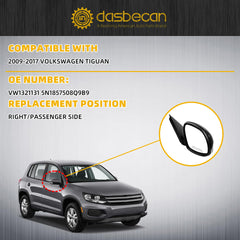 Right Passenger Side Mirror Compatible with 2009-2017 Volkswagen Tiguan Side View Mirror w/Electric Heated Glass Turn Signal Manual Folding VW1321131 5N1857508Q9B9 Gloss Black Cover (6 Pins)