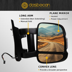 Passenger Right Side Mirror Replacement for Ram Promaster 1500 2500 3500 2014-2019 Heated Power Glass Manual Fold w/Turn Signal Light Long Arm 8 Pins 5VE96JXWAD