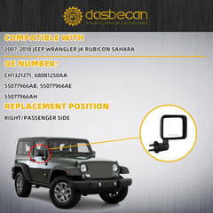 Right Passenger Side Mirror Compatible with 2007-2018 Jeep Wrangler JK Door Mirrors Manual Folding No-Disturtion Glass Replaces#CH1321271 68081250AA 55077966AB Textured Black Cover