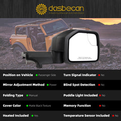 Passenger Side Mirror Compatible With 2021-2024 Ford Bronco Right Mirror w/Power Heated Glass/Manual Folding/Blind Spot Glass Black Texture Cover (5pins)