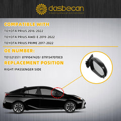 Right Passenger Side Mirror Compatible with 2016-2022 Toyota Prius with Power Heated Glass, Manual Folding, Blind Spot Light, Black Paint Replace# TO1321357 (6Pins)