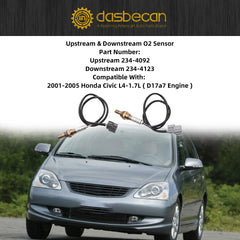 234-4092 234-4123 O2 Sensor Compatible with 2001-2005 Honda Civic L4-1.7L(D17a7 Engine) Upstream and Downstream Oxygen Sensors