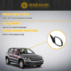 Right passenger Side Mirror Compatible with 2009-2017 Volkswagen Tiguan Side View Mirror w/Electric Heated Glass Turn Signal Manual Folding VW1321131 5N1857508Q9B9 Gloss White Cover (6 Pins)