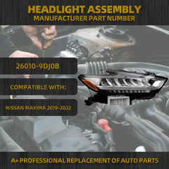 LED Headlights Compatible With Nissan Maxima 2019-2022 Right Passenger Side Headlamp assembly w/Bulbs Replaces#26010-9DJ0B