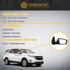 Right Passenger Side Mirror Compatible With 2018-2023 Chevy Equinox GMC Terrain Rearview Mirror With Heated Glass/Power Glass/Manual Folding Replace# GM1321560 (5pin) White Paint