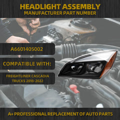 Full LED Headlight Compatible With Freightliner Cascadia Trucks 2018-2022 w/Bulbs Black Housing Left Driver Side Headlamp Assembly Replaces#A6601405002