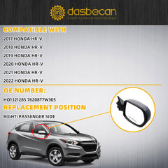 Right Passenger Side Mirror Compatible with 2017-2022 Honda HRV LX with Power Glass, Manual Folding, Paintable Cover, Non-Heated Replace# HO1321285 76208T7W305(3Pins)