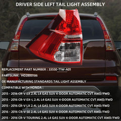 Left Side Tail Light Assembly Compatible with Honda CRV EX EXL LX SE Tour CR-V 4-Door 2015-2016 Rear Driver Side Taillight Brake Lamp Replaces # 33550-T1W-A01 HO2800186